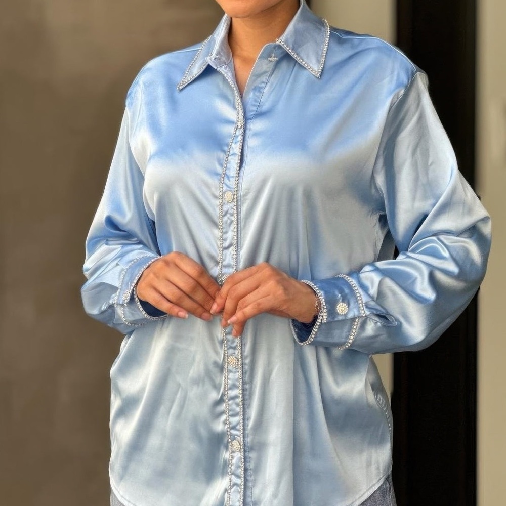Rhinestone Diamond Lined Button Down Satin Blouse - Picture 4 of 6